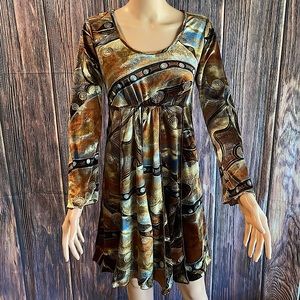 Hand Jive size small brown earth tone long sleeve boho print dress velvet